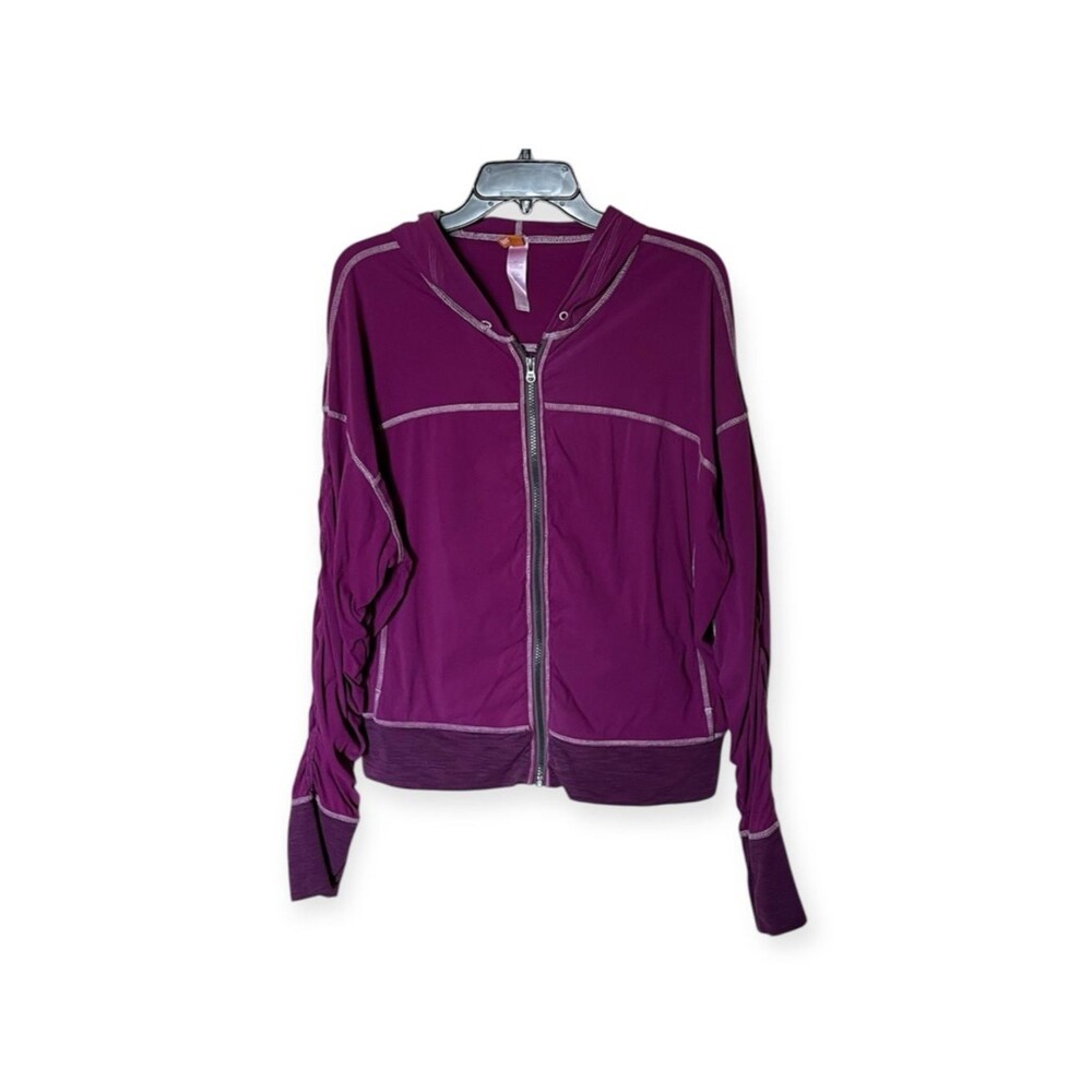 Lucy Dark Berry Hooded Athletic Zip Front Ruched sleeves Track Jacket Size XL